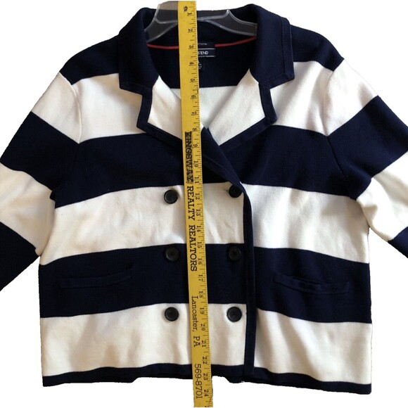 Lands End Nautical Stripe Cardigan Jacket Womens L Double Breasted Navy Cotton - Picture 10 of 13